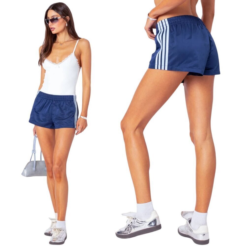 Edikted Nikki Nylon Shorts Womens XL Navy Blue Sporty Athleisure Retro Shiny NWT